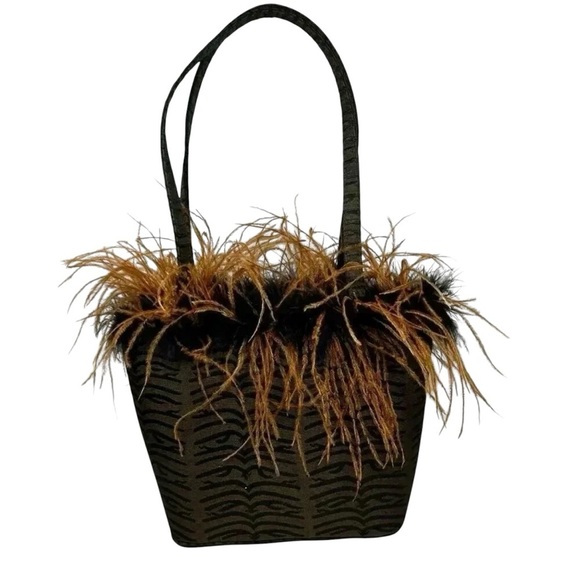 Feathery Handbag Attention Getter Brown Black Evening Bag Shoulder - Picture 3 of 10
